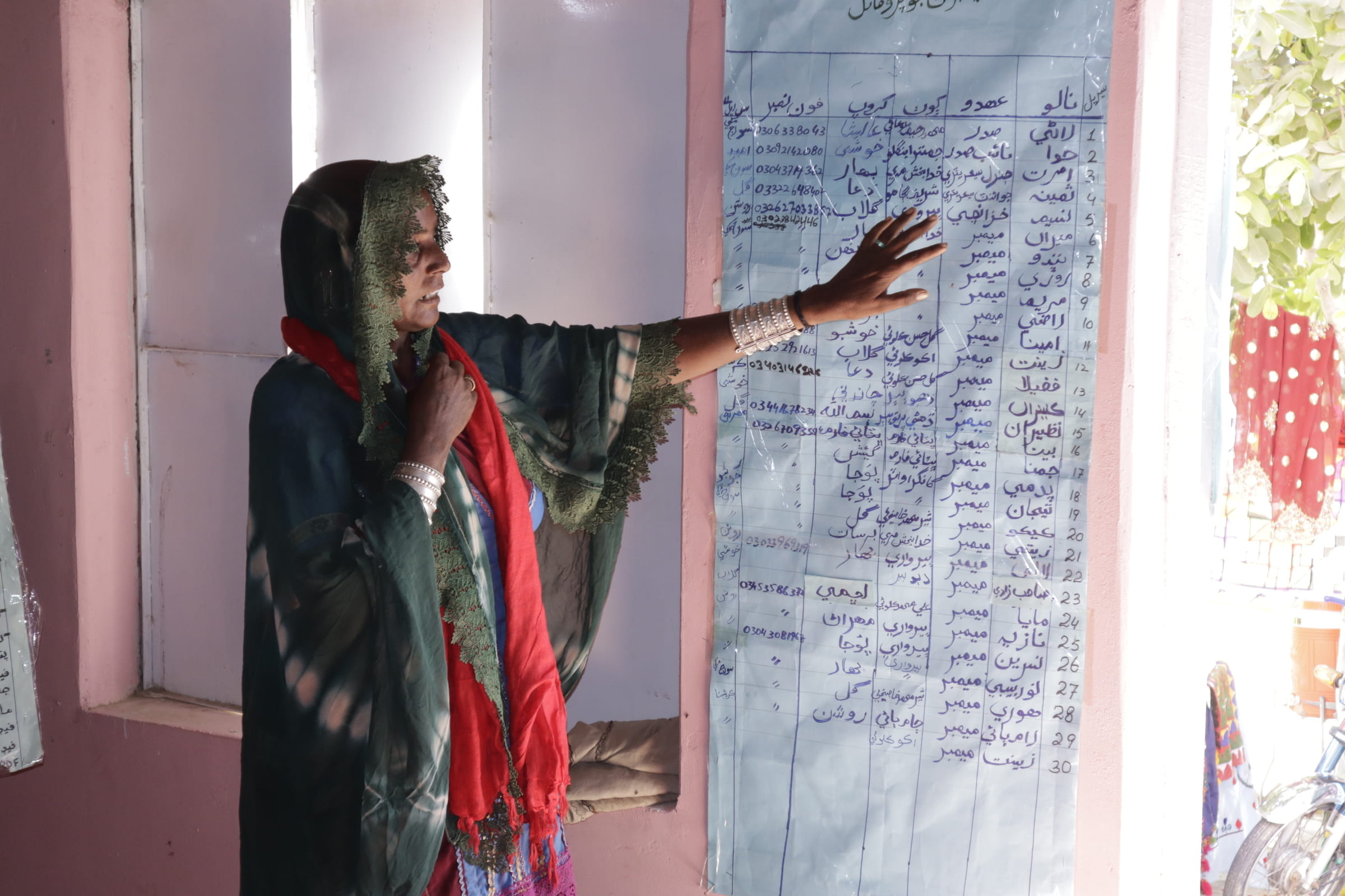 A woman from a self-help group points at a chart at the wall (Source: Kindernothilfe-Partner Research & Development Foundation)